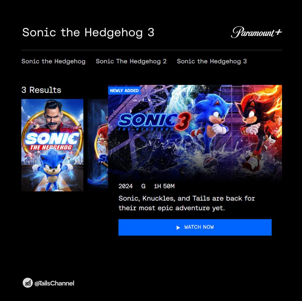 Third Sonic film now on Paramount Plus in Canada and the United States